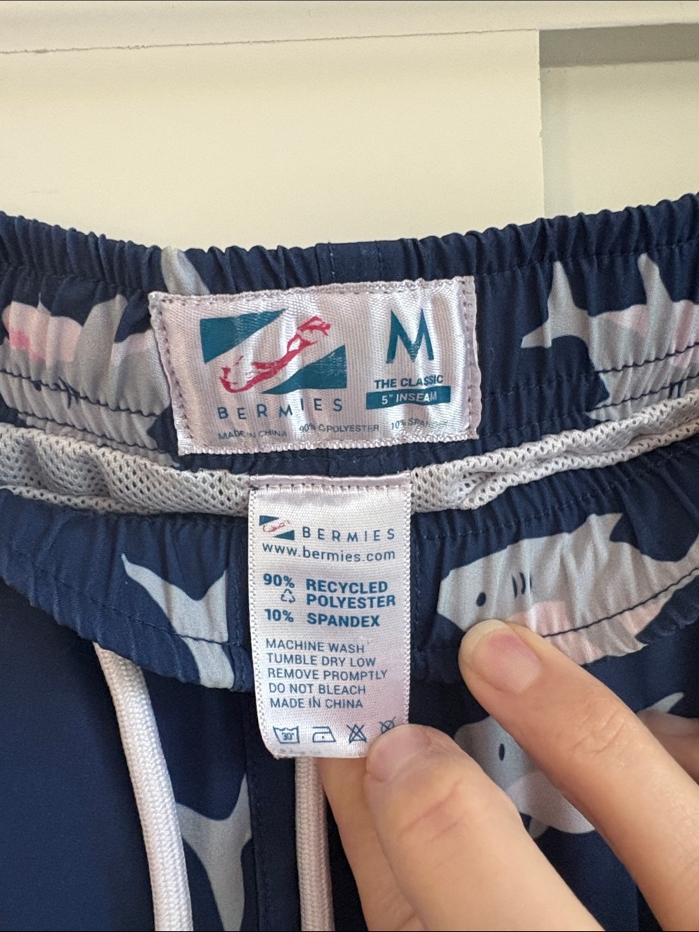 Navy Shark Pattern Swim Trunks with Drawstring - Picture 2 of 4